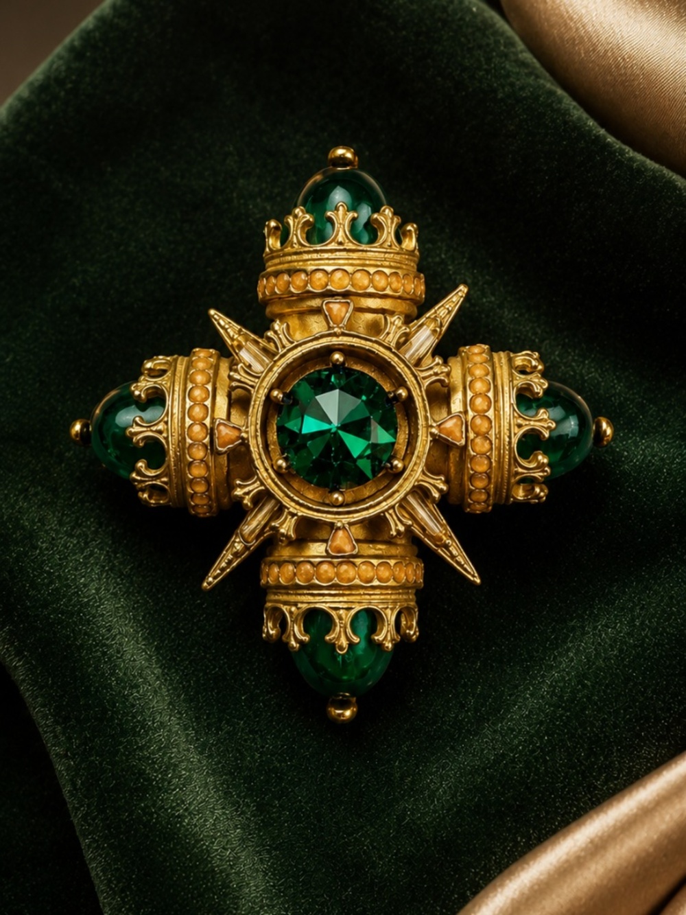 BENEDIKT NY Vintage Maltese Cross Brooch – Rare Variation Green Salmon Bead 60's